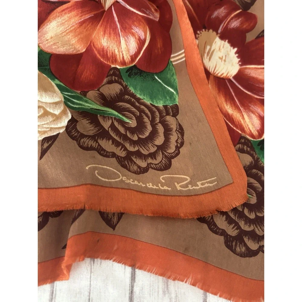 Vintage 90's Oscar De La Renta Silk Scarf Orange Brown Floral Long Rectangle